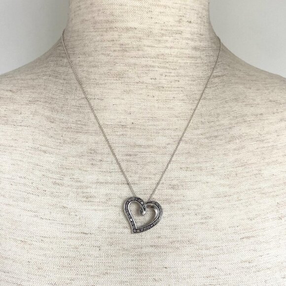 Sterling Silver 925 AFJC Diamond Asymmetric Heart Pendant Necklace 18" Chain - Picture 1 of 16